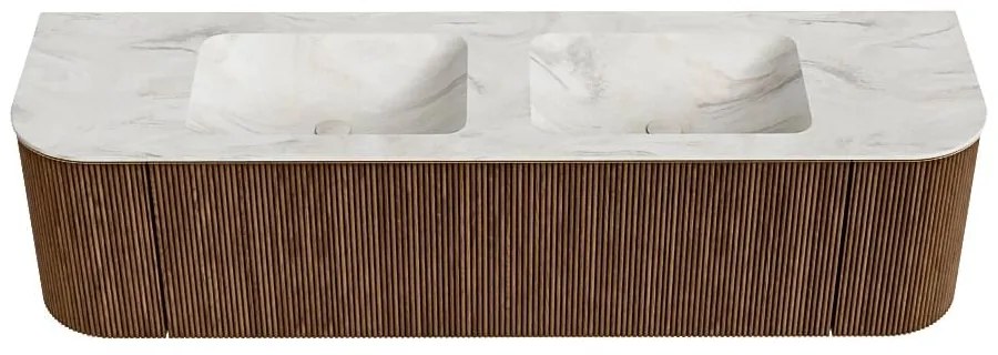 Mondiaz Kurve-dlux 170cm badmeubel ronding links/rechts walnut met 1 lade en 2 deuren en wastafel leaf dubbel 2 kraangaten ostra