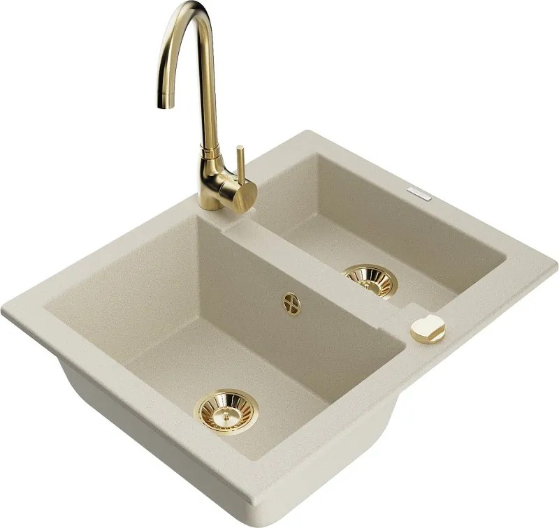 Mexen Carlos granitische spoelbak met 1,5 kamers en Telma keukenmengkraan, beige - 6518-69-670200-50