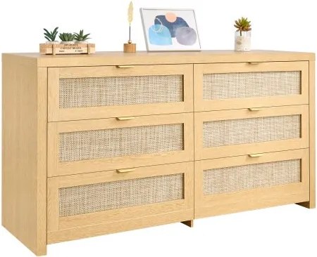 VEVOR Rattan Commode met 6 Laden en Metalen Handgrepen, Moderne Rattan Kast voor Slaapkamer, Woonkamer, Hal (144,5 x 45 x 79,5 cm) Kledingkast met Laden