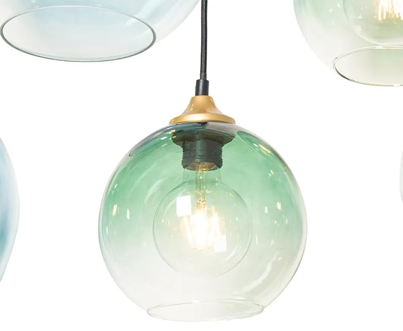 Eettafel / Eetkamer Smart Hanglamp messing met blauw en groen glas 8-lichts incl. 8 Wifi G95 - Sandra E27 bol / globe / rond Binnenverlichting Lamp