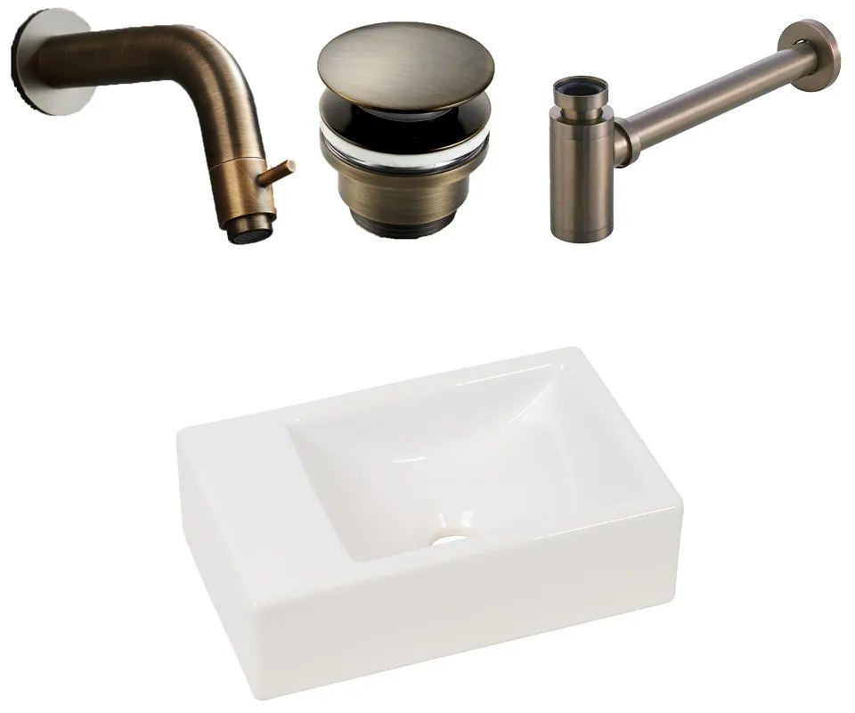 Plieger Houston fonteinset met mat witte fontein links en verouderd messing inbouwkraan