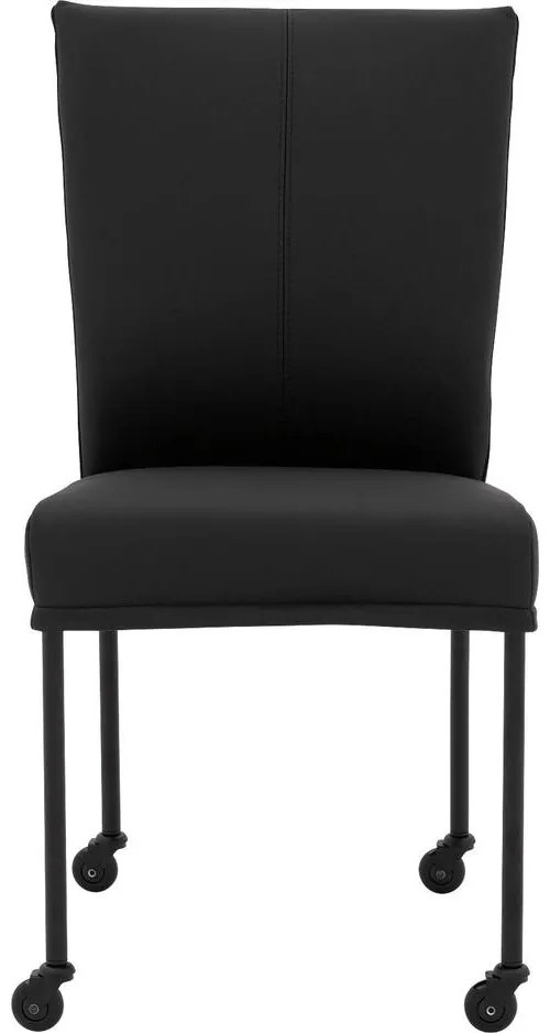 Goossens Eetkamerstoel Funk Zwarte Poten zwart leer leuning en Zwart skater wiel met zwarte kapmet wielen, modern design