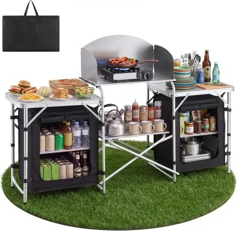 VEVOR opvouwbare campingkeuken, campingkast met 2 MDF-zijtafels, afneembaar windscherm voor het fornuis, 2 opbergvakken en X-vormige poten, campingkeukenstation voor picknicks, barbecues en reizen