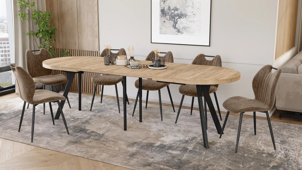 Mazzoni EXPANSO Craft Eiken Goud / zwarte poten - OVALE UITSCHUIFTAFEL 160-360 cm VOOR 16-18 PERSONEN