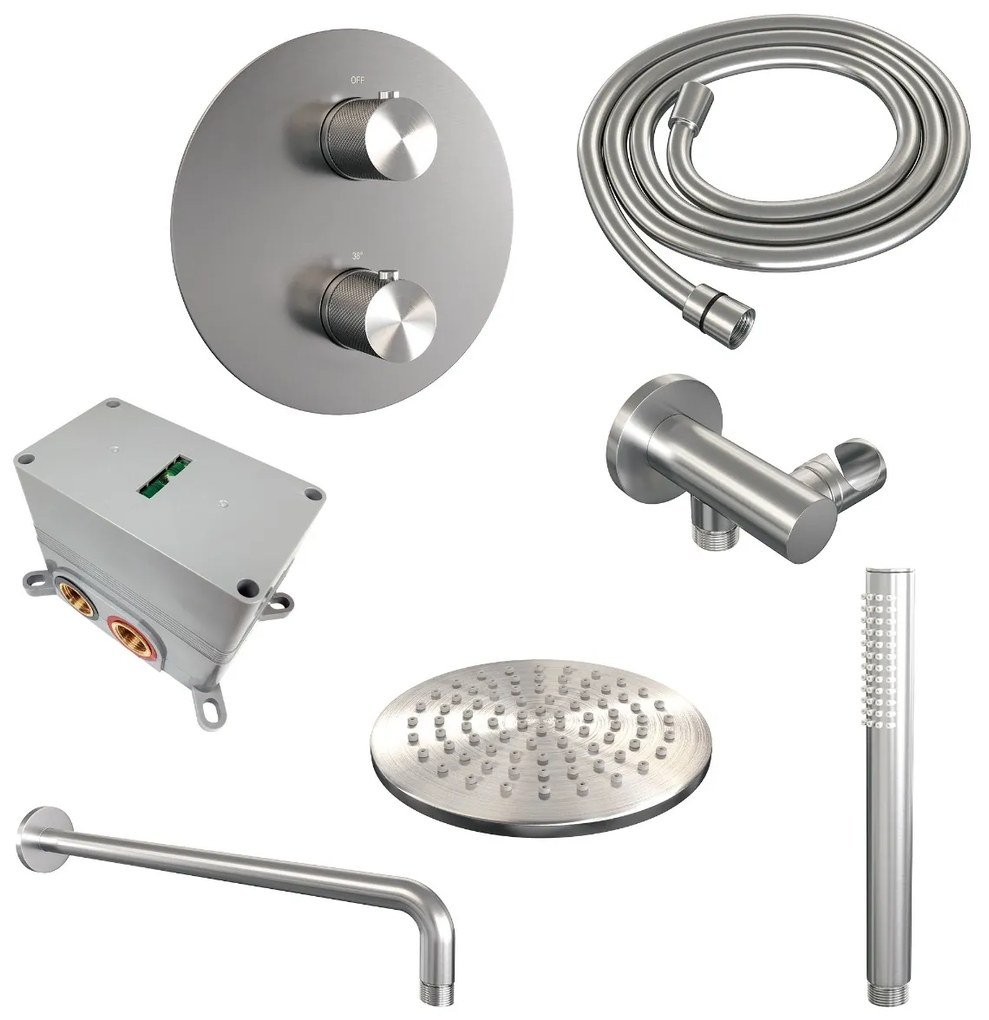 Brauer Brushed Carving thermostatische inbouw regendouche met staafhanddouche, gebogen muurarm en hoofddouche 20cm set 75 RVS geborsteld PVD