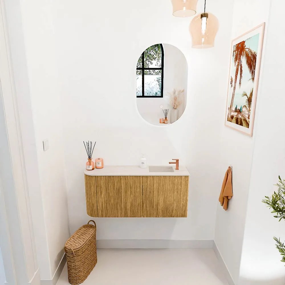 Mondiaz Joya DLux 90cm toiletmeubel ronding links oak met wastafel faye rechts 1 kraangat meli