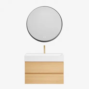 Ona Zwevend Badkamermeubelset Van Hout En Essenfineer Met Geïntegreerde Wastafel Natuurlijk Hout & Round Led And Antifog Zwart Ø80 - Sklum