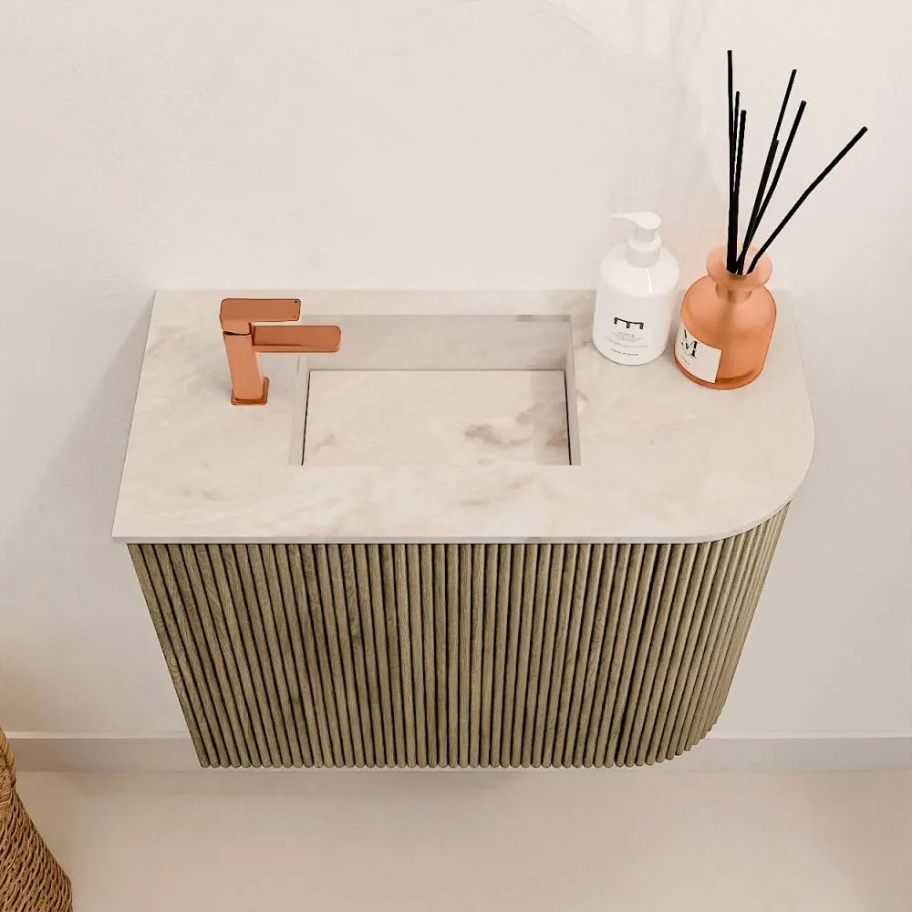 Mondiaz Joya DLux 50cm toiletmeubel ronding rechts dusk met wastafel faye links 1 kraangat frappe
