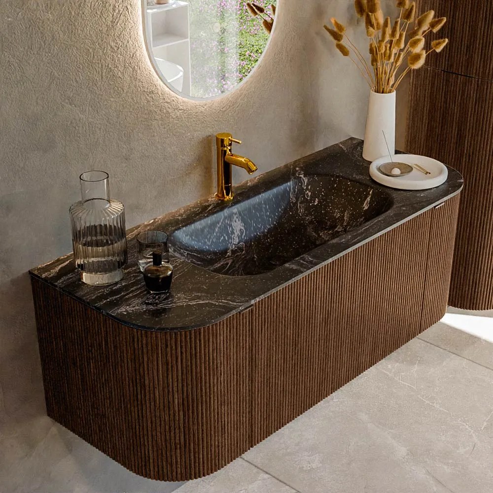 Mondiaz Kurve-dlux 120cm badmeubel ronding links/rechts walnut met 1 lade en 2 deuren en wastafel big small midden 1 kraangat lava