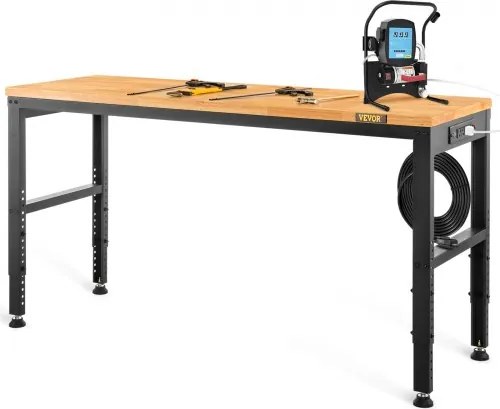VEVOR Verstelbare Werkbank, 122 cm L x 51 cm B x 97 cm H Garagetafel met 71-97 cm Hoogte en 914 kg Draagvermogen, met Stopcontacten en Hardhouten Blad en Metalen Frame en Voetkussentjes, voor Kantoor, Thuis, Garage