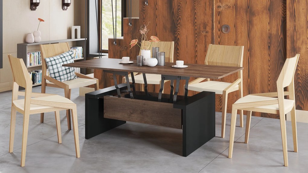 SPACE bruin eiken / zwart, opklapbare salontafel, in hoogte verstelbaar