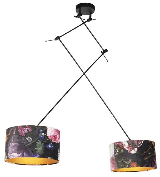 Stoffen Eettafel / Eetkamer Hanglamp zwart met velours kappen bloemen met goud 35 cm 2-lichts - Blitz Klassiek / Antiek, Modern E27 cilinder / rond rond Binnenverlichting Lamp