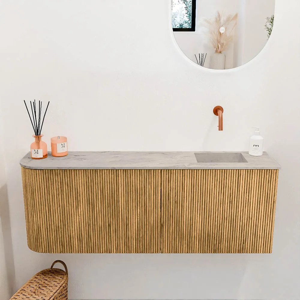 Mondiaz Joya DLux 110cm toiletmeubel ronding links oak met wastafel faye rechts zonder kraangat glace