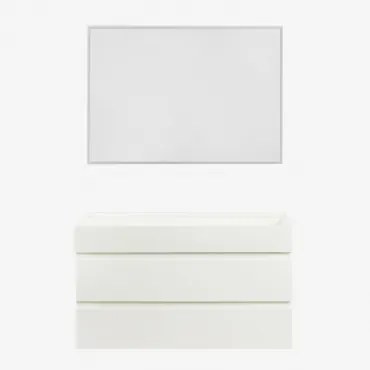 Badkamermeubelset Van Hout En Essenhoutfineer Met Geïntegreerde Wastafel Ona Wit & Rechthoekige Led En Anticondens 100x70 Cm Tamsin & Zonder Kraan -