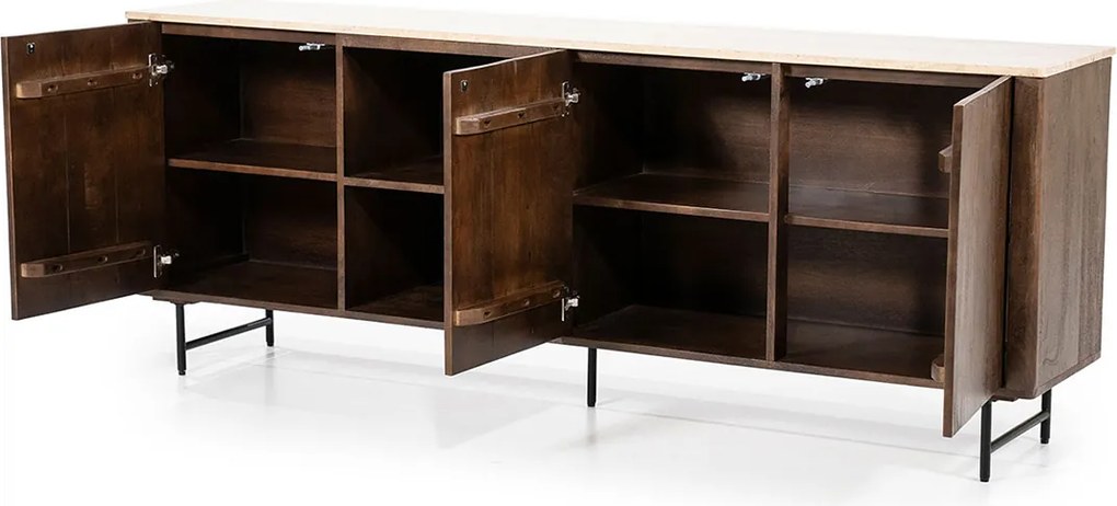 Dressoir Donker Hout Met Travertin Blad - 200x41x75cm.