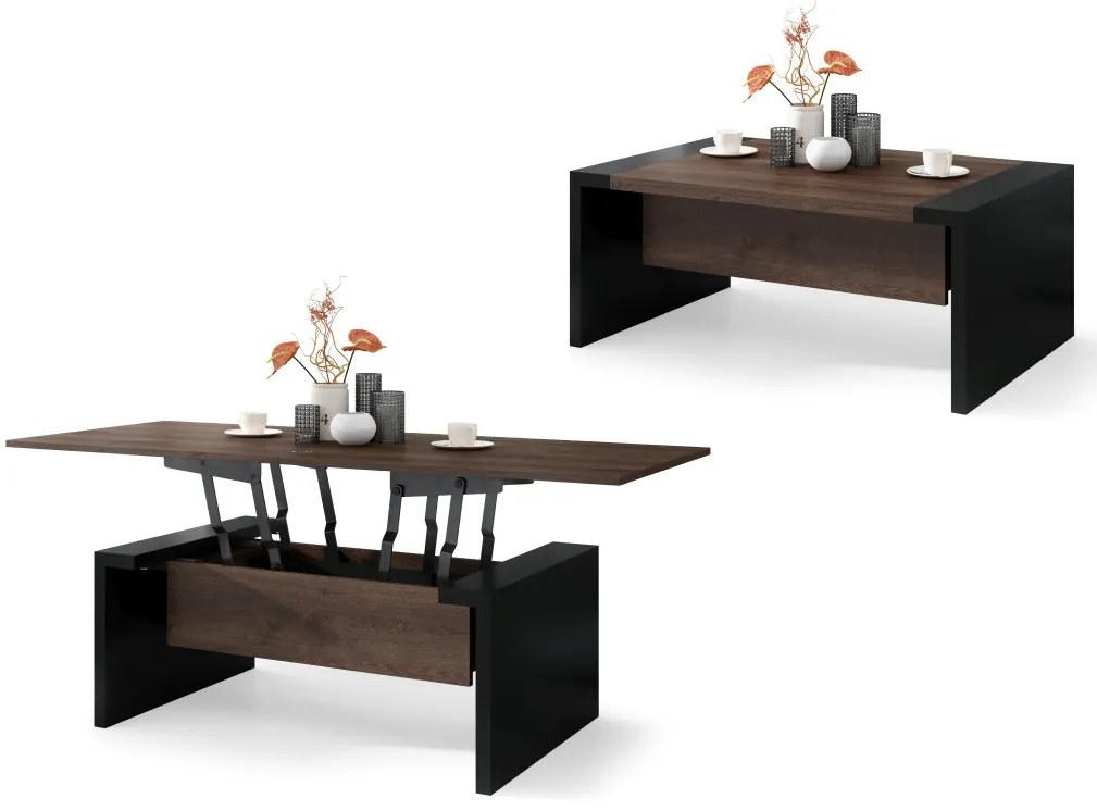 SPACE bruin eiken / zwart, opklapbare salontafel, in hoogte verstelbaar