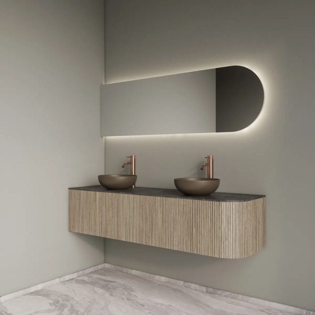 Gliss Design Alluro badmeubel ribbelfront met ronding rechts 160cm corn silk en zwart leisteen toppaneel
