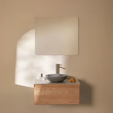 Tedrik Zwevend Badkamermeubelset 80x50 Cm In Essenhout Ash Brown & Rond Grijs Cement Ø40 Cm Tarsis & Rechthoekige Led En Anticondens 80x70 Cm Riben -