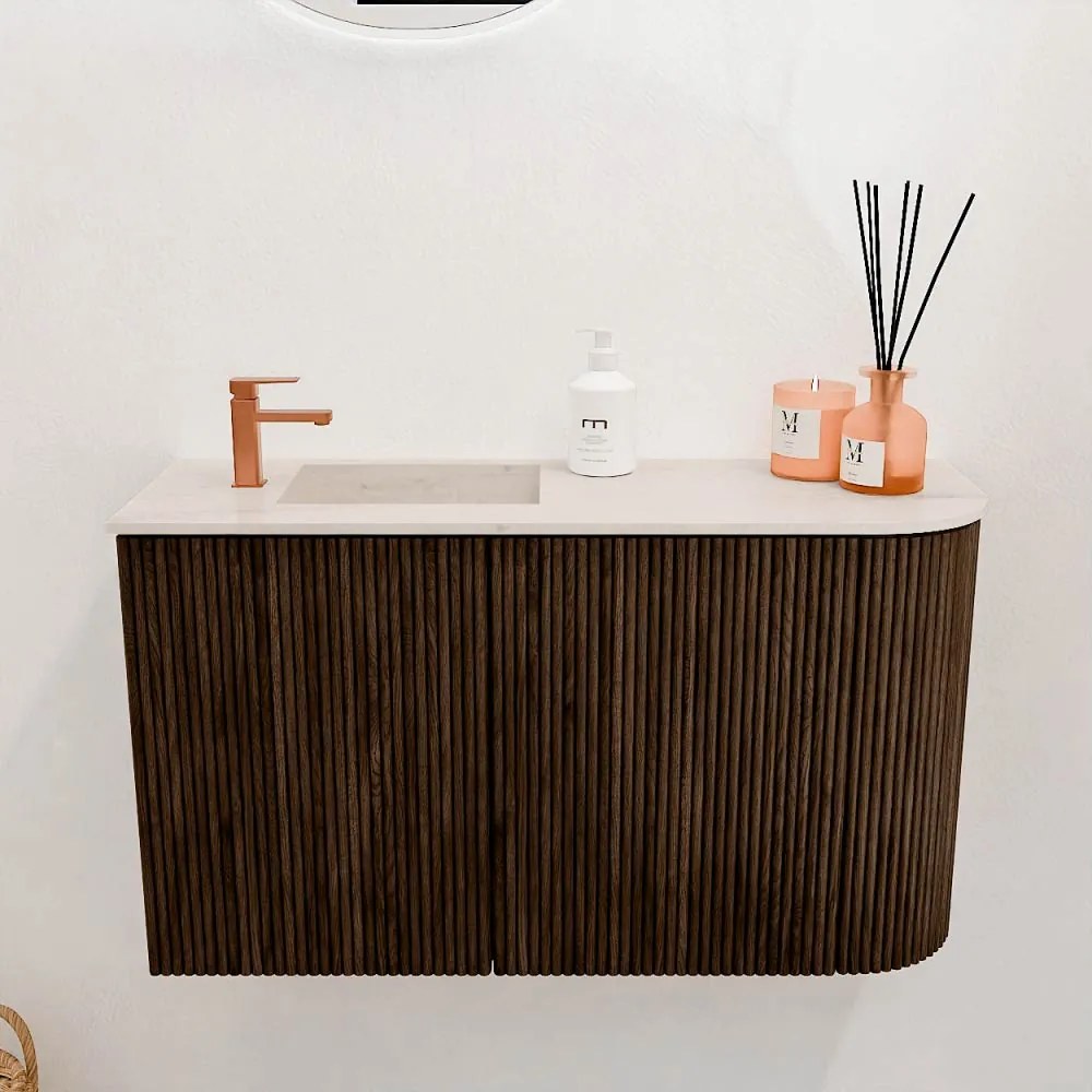 Mondiaz Joya DLux 70cm toiletmeubel ronding rechts walnut met wastafel faye links 1 kraangat meli