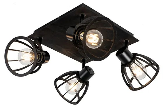 Industriële plafondlamp zwart 4-lichts - Fotu Industriele / Industrie / Industrial E27 rond vierkant Binnenverlichting Lamp