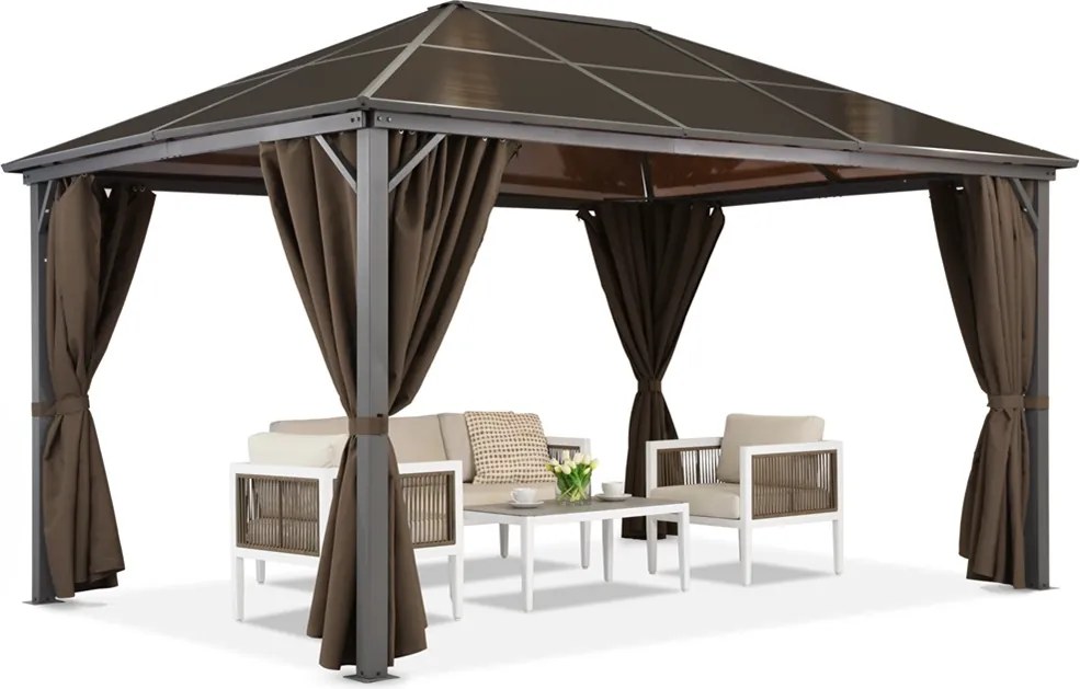 Milos tuinhuisje 3x4m met klamboe en bruine gordijnen Tuinpunt