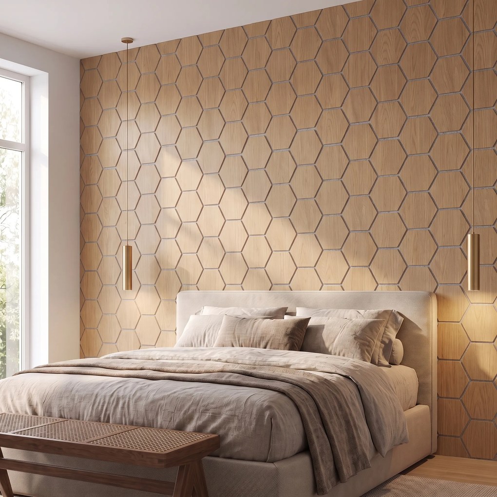 Hexagon Panel Naturel Eiken met Grijs Vilt 81CM | Akoestisch | Wanddecor | Zeshoekig- Grijs vilt