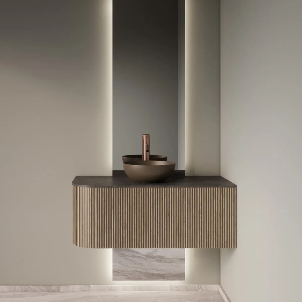 Gliss Design Alluro badmeubel ribbelfront met ronding links 100cm corn silk en zwart leisteen toppaneel