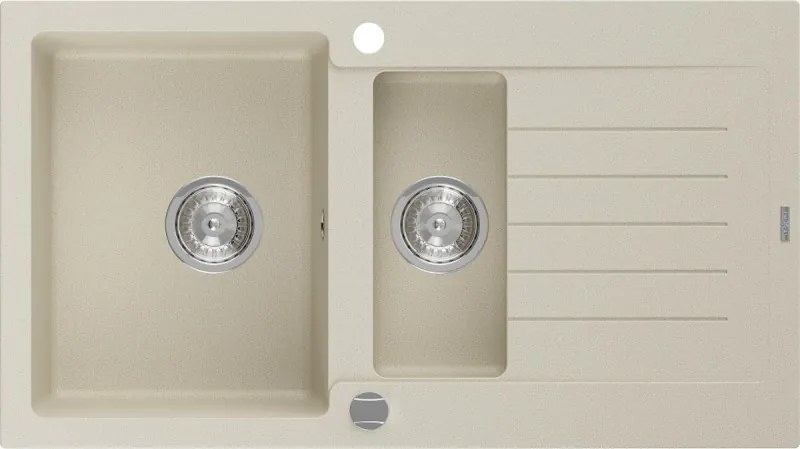 Mexen Matias granitische spoelbak 1,5-compartiment met afdruipruimte 900 x 505 mm, beige, sifon chroom - 6502901505-69