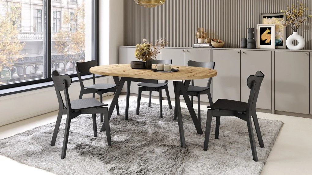 ALMO Eiken Artisan/Zwarte poten - RONDE LOFT/INDUSTRIËLE TAFEL VOOR WOONKAMER/EETKAMER, UITSCHUIFBAAR