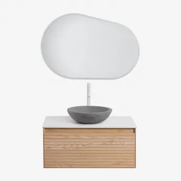 Tedrik Zwevend Badkamermeubelset Van Essenhout Ash Brown & Rond Grijs Cement Ø40 Cm Tarsis & Ovaal Led En Anticondens 100x80 Cm Riben & - Sklum