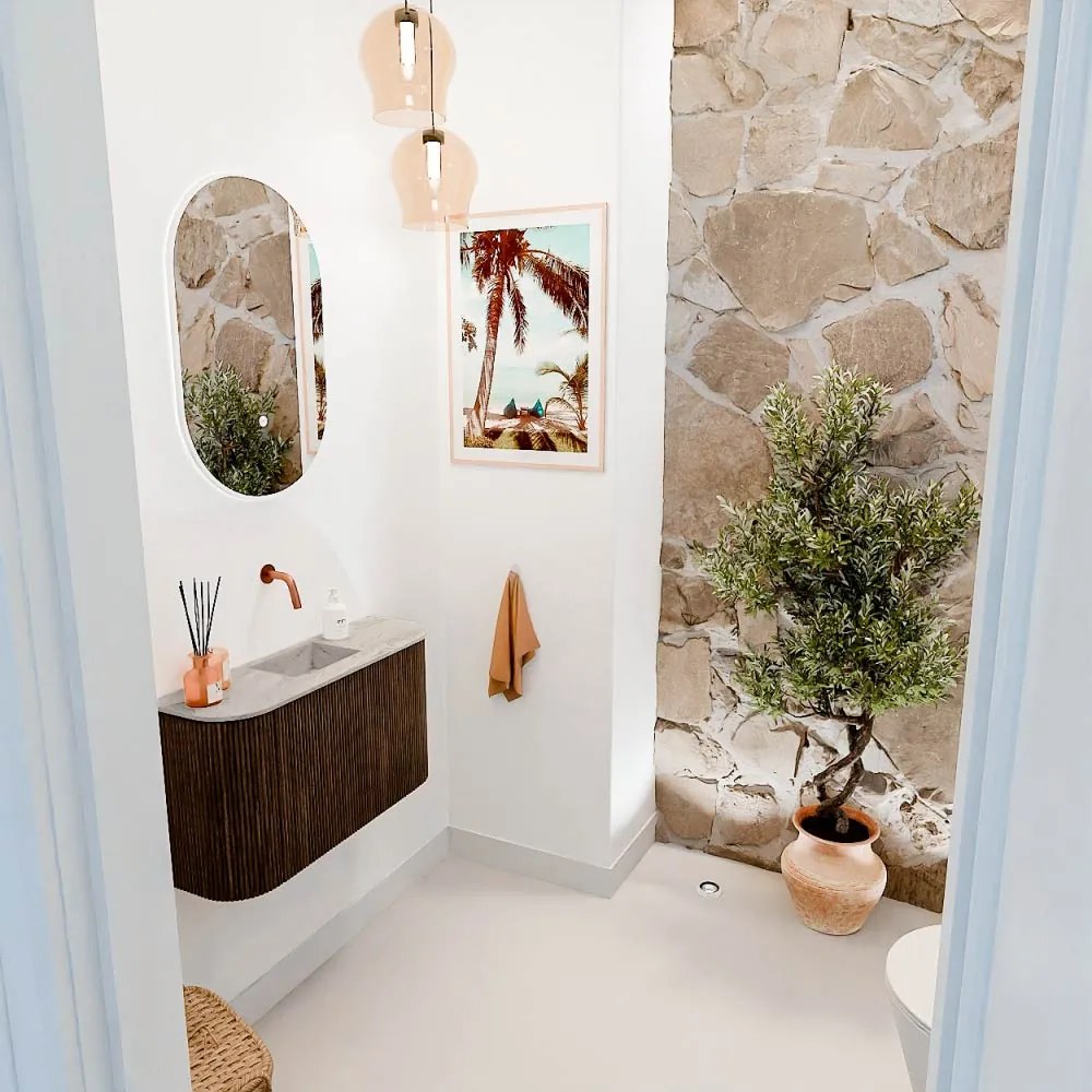 Mondiaz Joya DLux 75cm toiletmeubel ronding links/rechts walnut met wastafel faye midden zonder kraangat glace