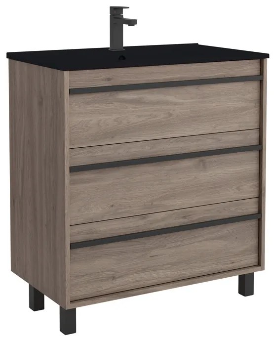 Muebles Resh badkamermeubel donker eiken 80cm met zwarte wastafel en kraangat