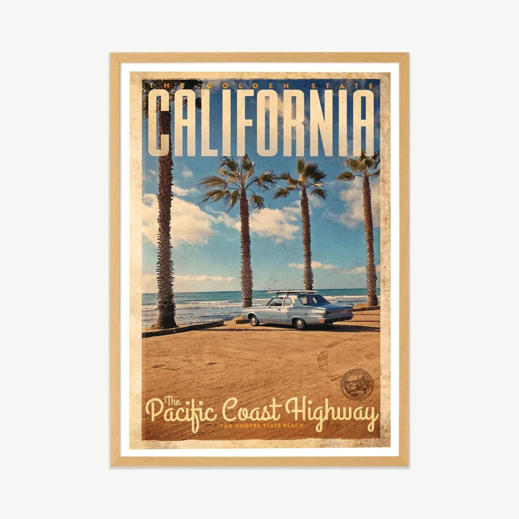 California vintage reisposter, ingelijste print, A2, meerkleurig