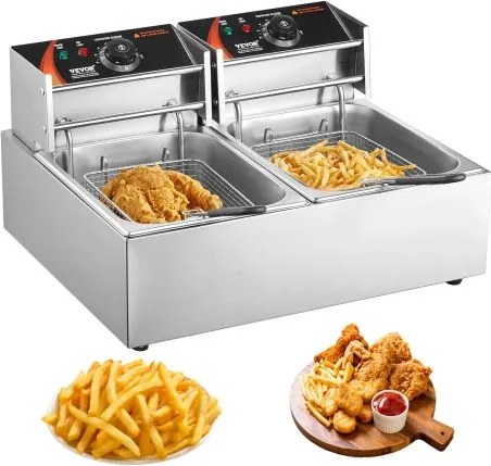 VEVOR Commerciële Elektrische Friteuse, 12L Grote Elektrische Friteuse voor Op het Aanrecht met Uitneembare Dubbele Mand, 5000W Roestvrijstalen Dubbele Friteuse voor Keuken, Restaurant