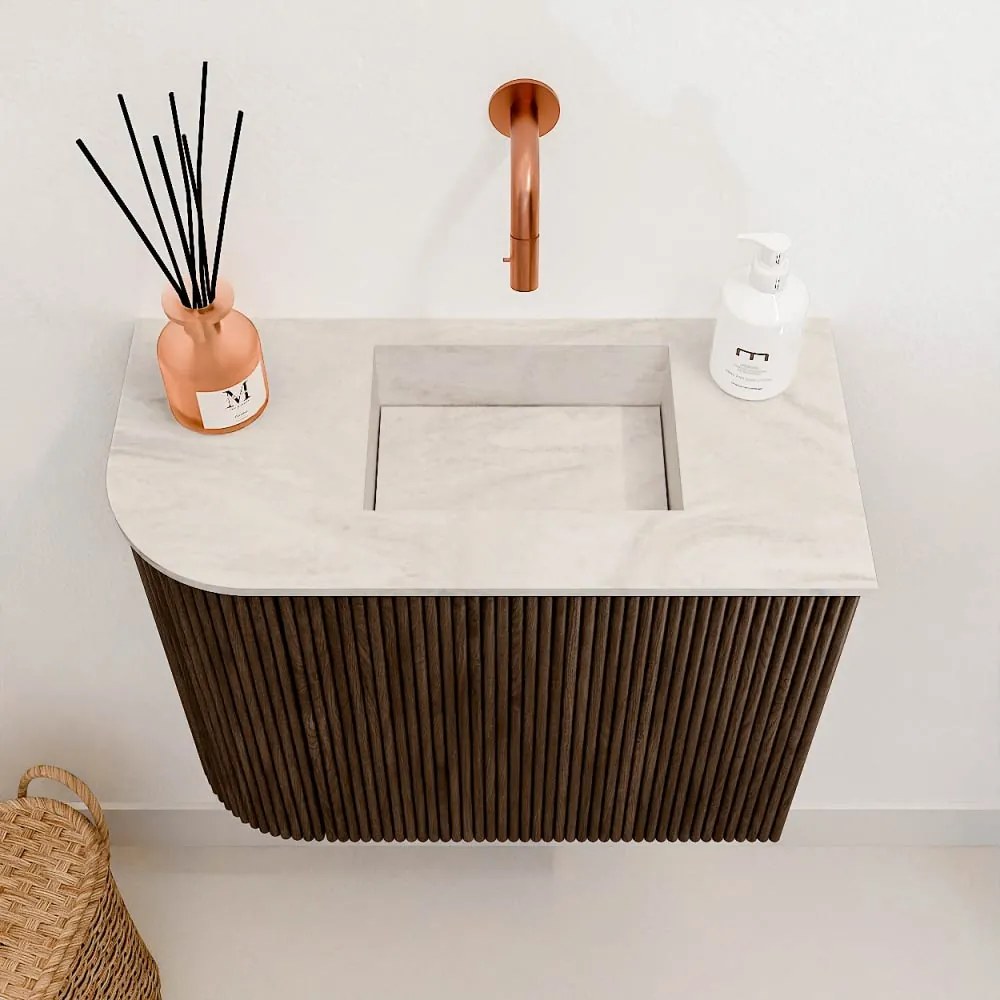 Mondiaz Joya DLux 50cm toiletmeubel ronding links walnut met wastafel faye rechts zonder kraangat ostra