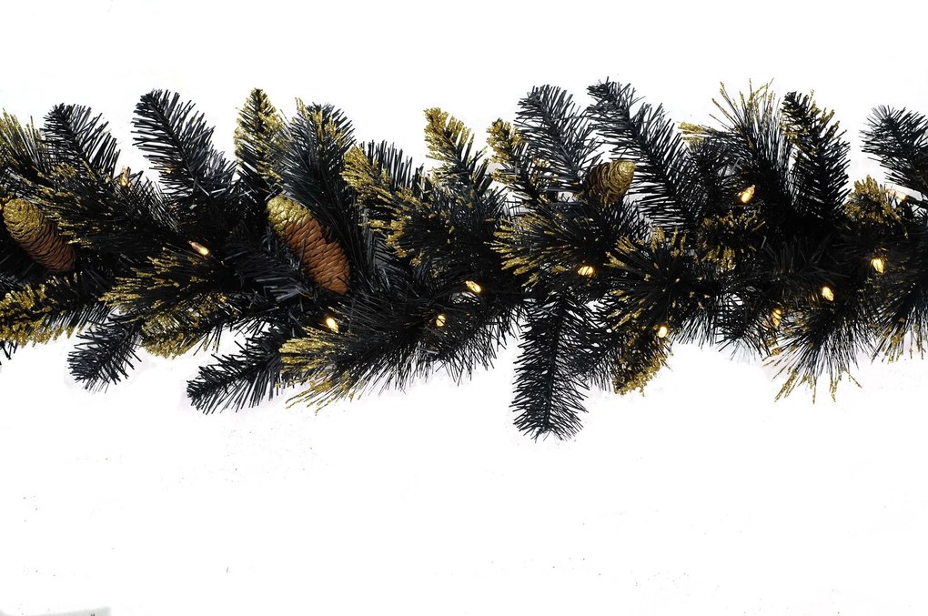 Verlichte guirlande "Shimmery Golden Black Bristle" - zwart - L274 cm - 70 warm witte ledlampjes - met gouden glitter