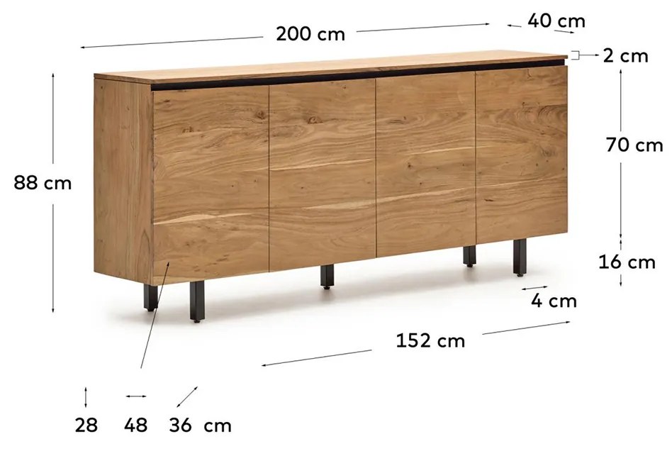 Kave Home Uxue Dressoir Massief Acacia Hout 200 Cm - 200x40x88cm.