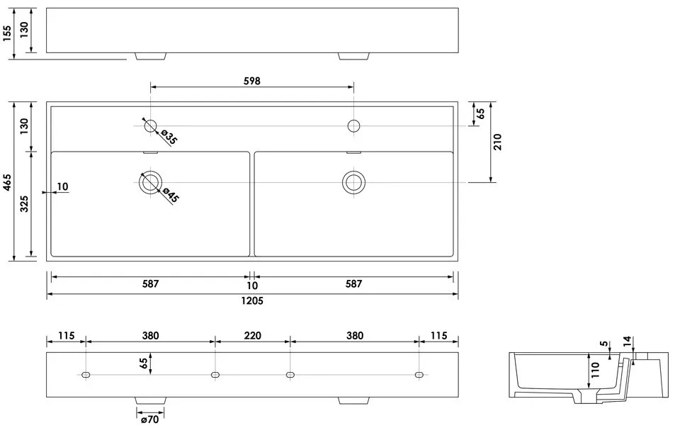 Brauer Lunar dubbele wastafel keramiek 120cm met 2 kraangaten zwart mat