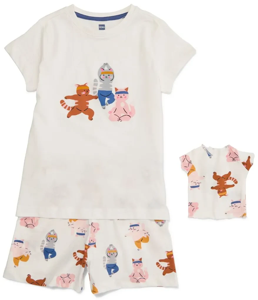 HEMA Kinder Shortama Poezen Met Poppennachtshirt Gebroken Wit (gebroken wit)