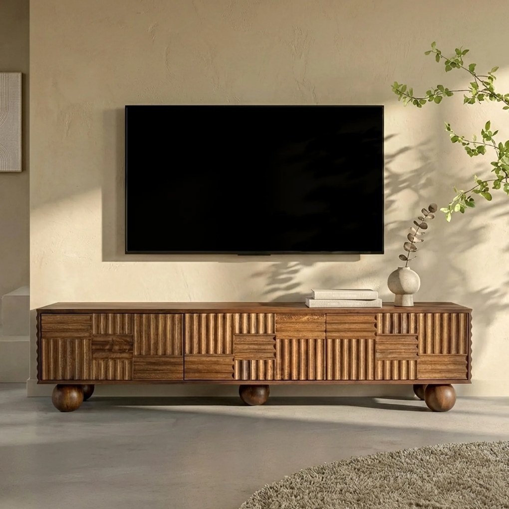Houten Tv-meubel Uniek Houtsnijwerk - 160x39x39cm.