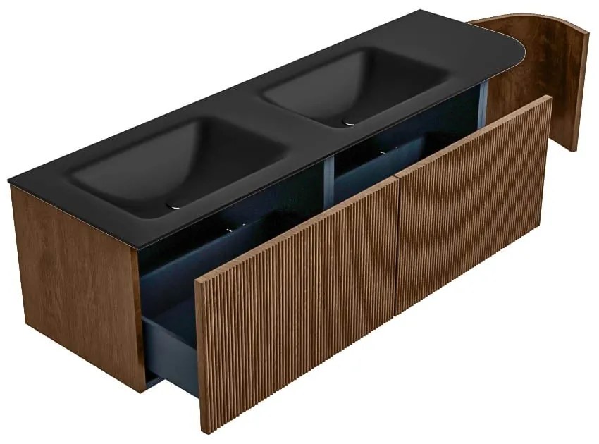 Mondiaz Kurve 155cm badmeubel ronding rechts walnut met 2 lades en 1 deur en wastafel cloud dubbel/links 2 kraangaten urban