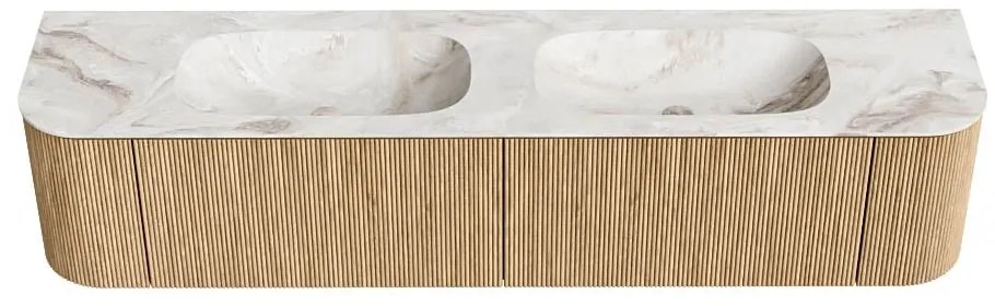 Mondiaz Kurve-dlux 200cm badmeubel ronding links/rechts oak met 2 lades en deuren en wastafel stor small dubbel zonder kraangat frappe