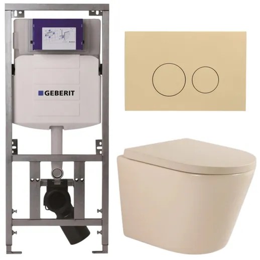 QeramiQ Dely Toiletset - 36.3x51.7cm - diepspoel - rimless - Geberit UP320 inbouwreservoir - softclose toilet zitting 35 mm - bedieningsplaat beige - ronde knoppen - mat beige SW1000764/SW1000771/0701131/SW1102365