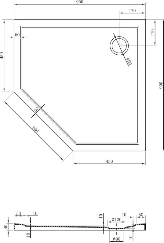 Mexen Flow piëcihoekige douchebak slim 90 x 90 cm, zwarte mat - 46P709090