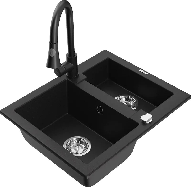 Mexen Carlos granieten gootsteen 1,5-komor met keukenkraan Elia, zwart - 6518-77-670101-70