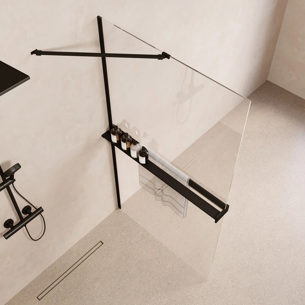 Saniclear Oblique inloopdouche 90cm met handdoekhouder en helder glas zwart mat