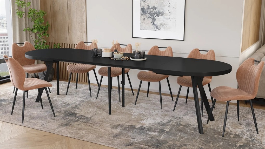 Mazzoni EXPANSO Zwart mat / zwarte poten - OVALE UITSCHUIFTAFEL 160-360 cm VOOR 16-18 PERSONEN
