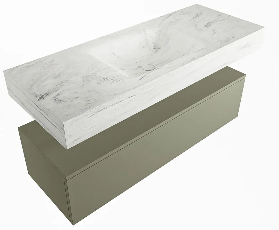 Mondiaz Alan DLux badmeubel 120cm army 1 lade met wastafel opalo midden zonder kraangat