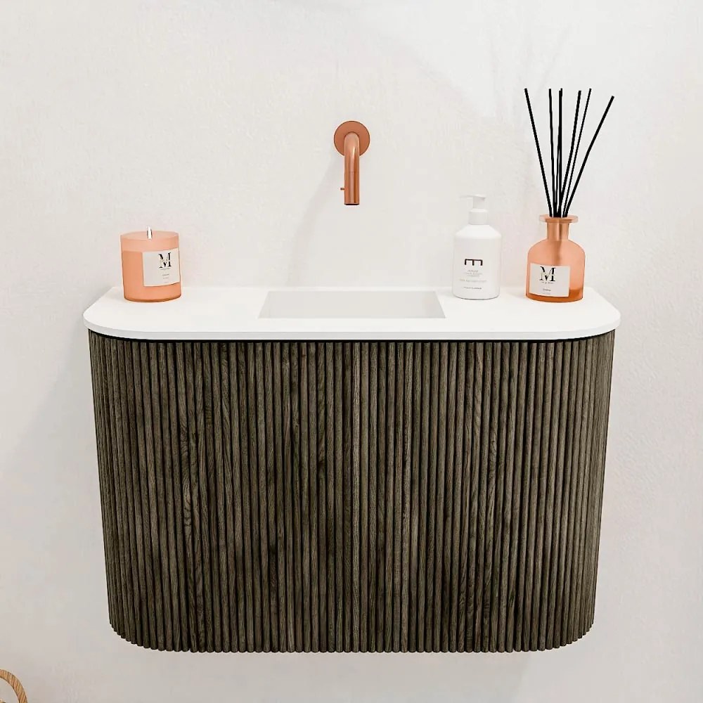 Mondiaz Joya 65cm toiletmeubel ronding links/rechts shadow met wastafel faye midden zonder kraangat talc