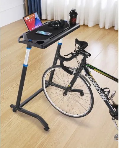 VEVOR stationaire, opvouwbare en verstelbare tafel voor hometrainer en loopband met vergrendelbare wielen, antislip fitnesstafel met meerdere sleuven voor hometrainers en stuurstangen.